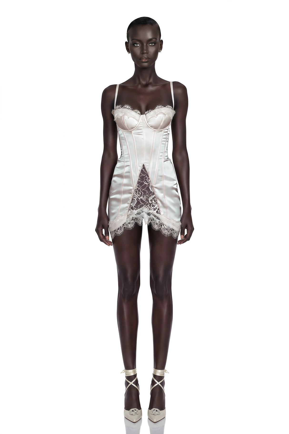 Juliette White Satin Mini Dress with Lace Panels
