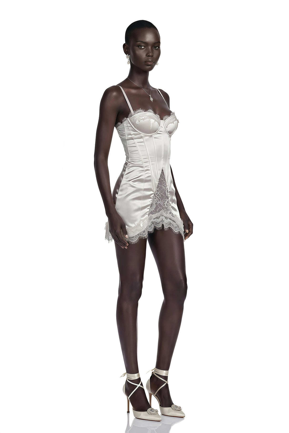 Juliette White Satin Mini Dress with Lace Panels