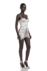 Juliette White Satin Mini Dress with Lace Panels