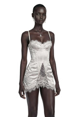 Juliette White Satin Mini Dress with Lace Panels