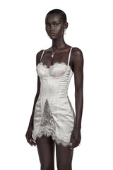 Juliette White Satin Mini Dress with Lace Panels