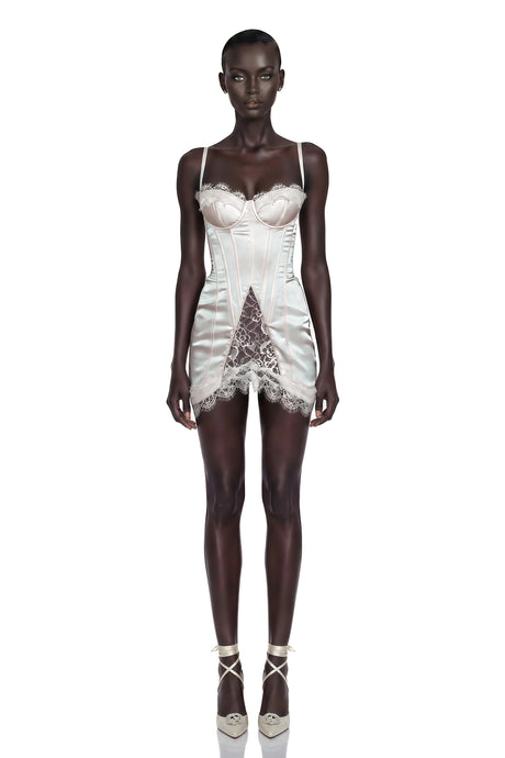 Juliette White Satin Mini Dress with Lace Panels