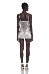 Juliette White Satin Mini Dress with Lace Panels