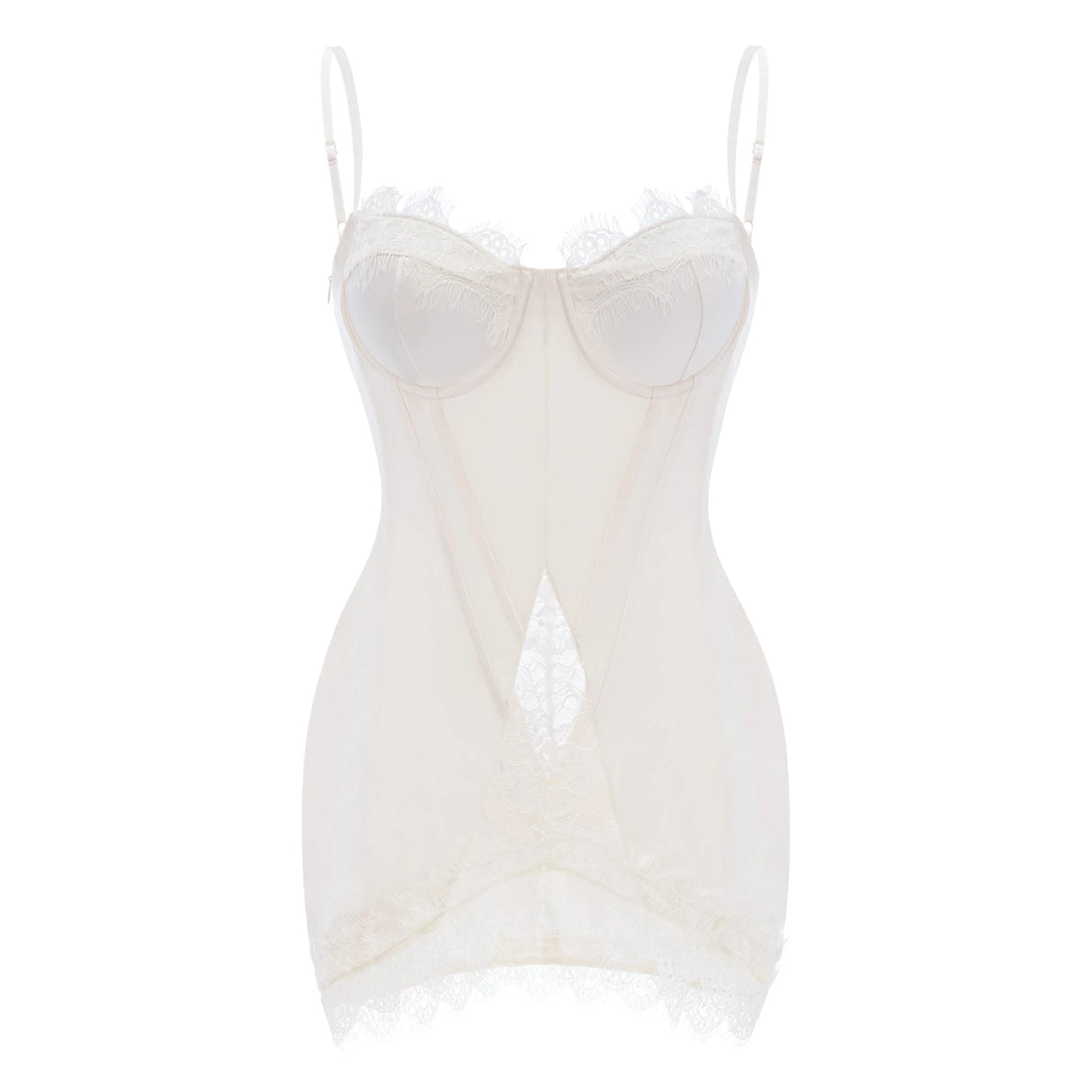 Juliette White Satin Mini Dress with Lace Panels
