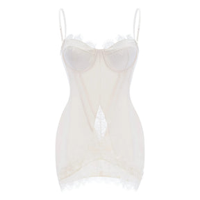 Juliette White Satin Mini Dress with Lace Panels
