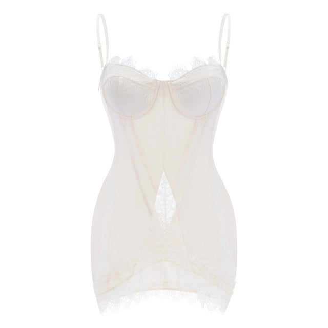 Juliette White Satin Mini Dress with Lace Panels