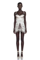 Juliette White Satin Mini Dress with Lace Panels