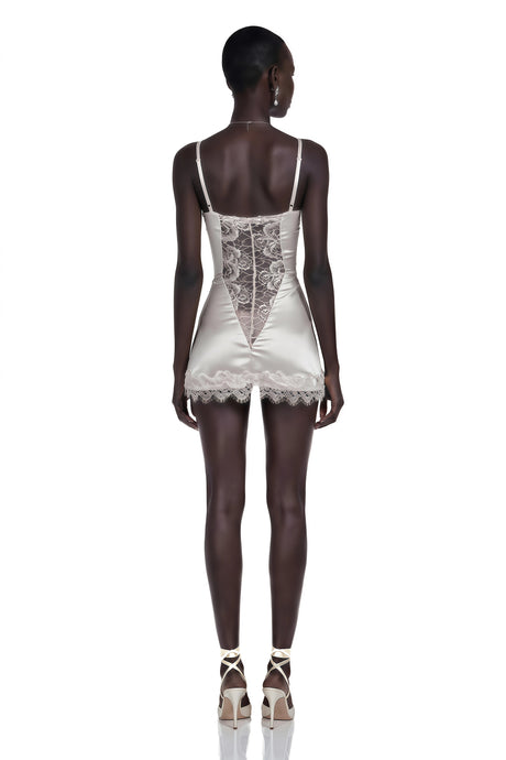 Juliette White Satin Mini Dress with Lace Panels