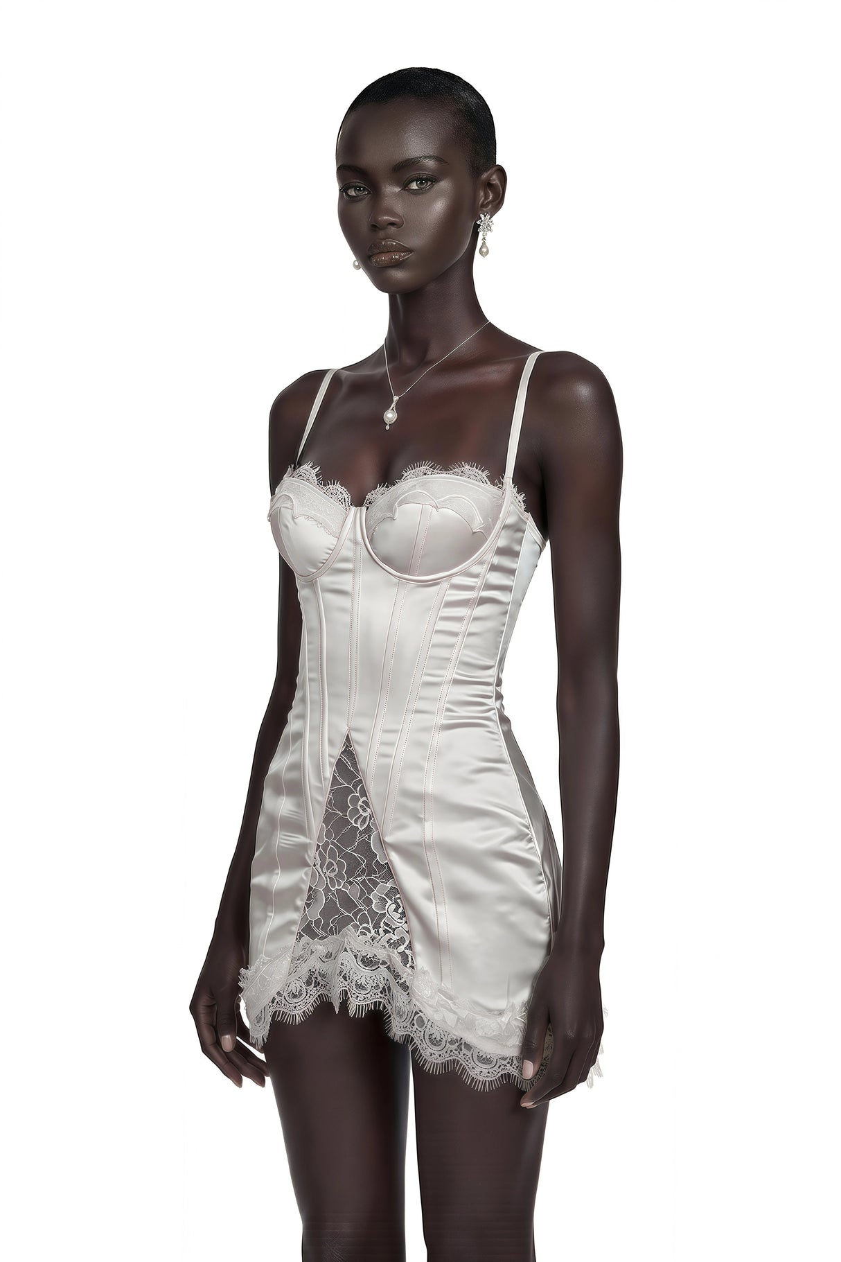 Juliette White Satin Mini Dress with Lace Panels