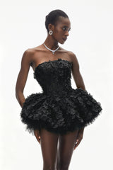 June Black 3D Petal Puff Mini Dress