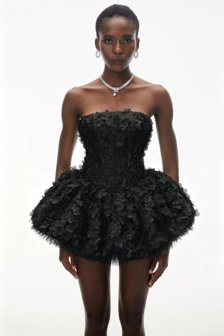 June Black 3D Petal Puff Mini Dress