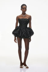 June Black 3D Petal Puff Mini Dress