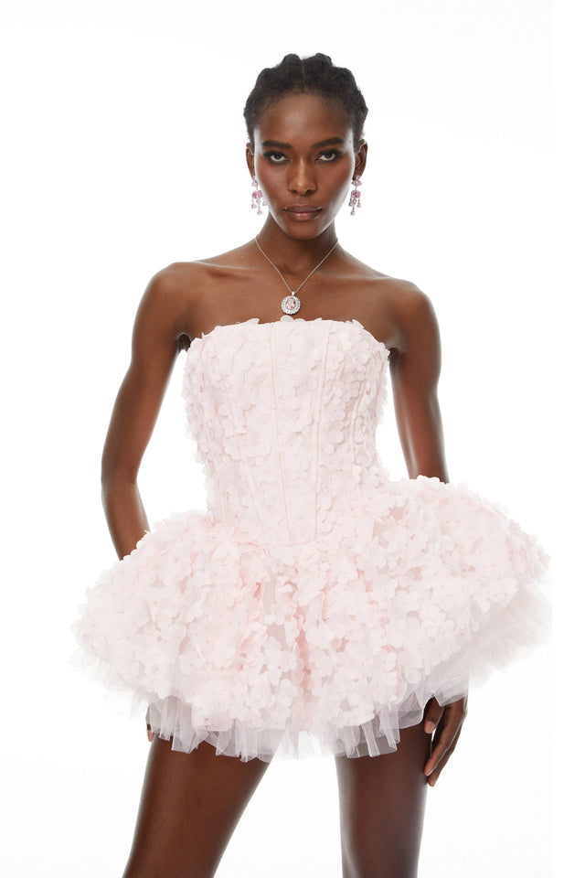 June Pink 3D Petal Puff Mini Dress