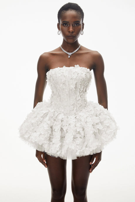 June White 3D Petal Puff Mini Dress