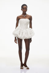 June White 3D Petal Puff Mini Dress