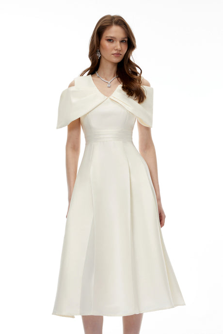 Juniper Champagne VNeck Satin Midi Dress with Bow Detail