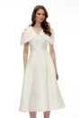 Juniper Champagne VNeck Satin Midi Dress with Bow Detail