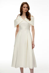 Juniper Champagne VNeck Satin Midi Dress with Bow Detail