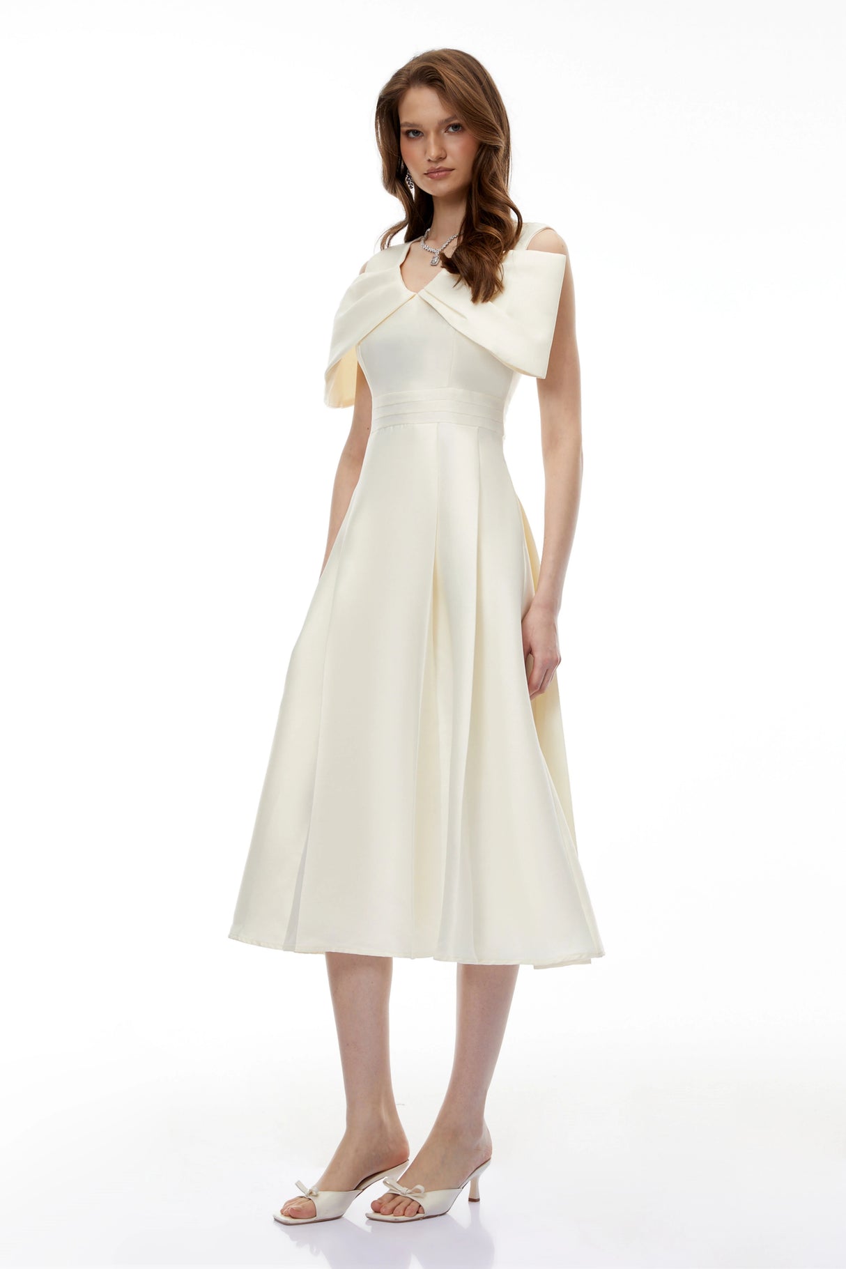 Juniper Champagne VNeck Satin Midi Dress with Bow Detail