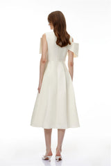 Juniper Champagne VNeck Satin Midi Dress with Bow Detail