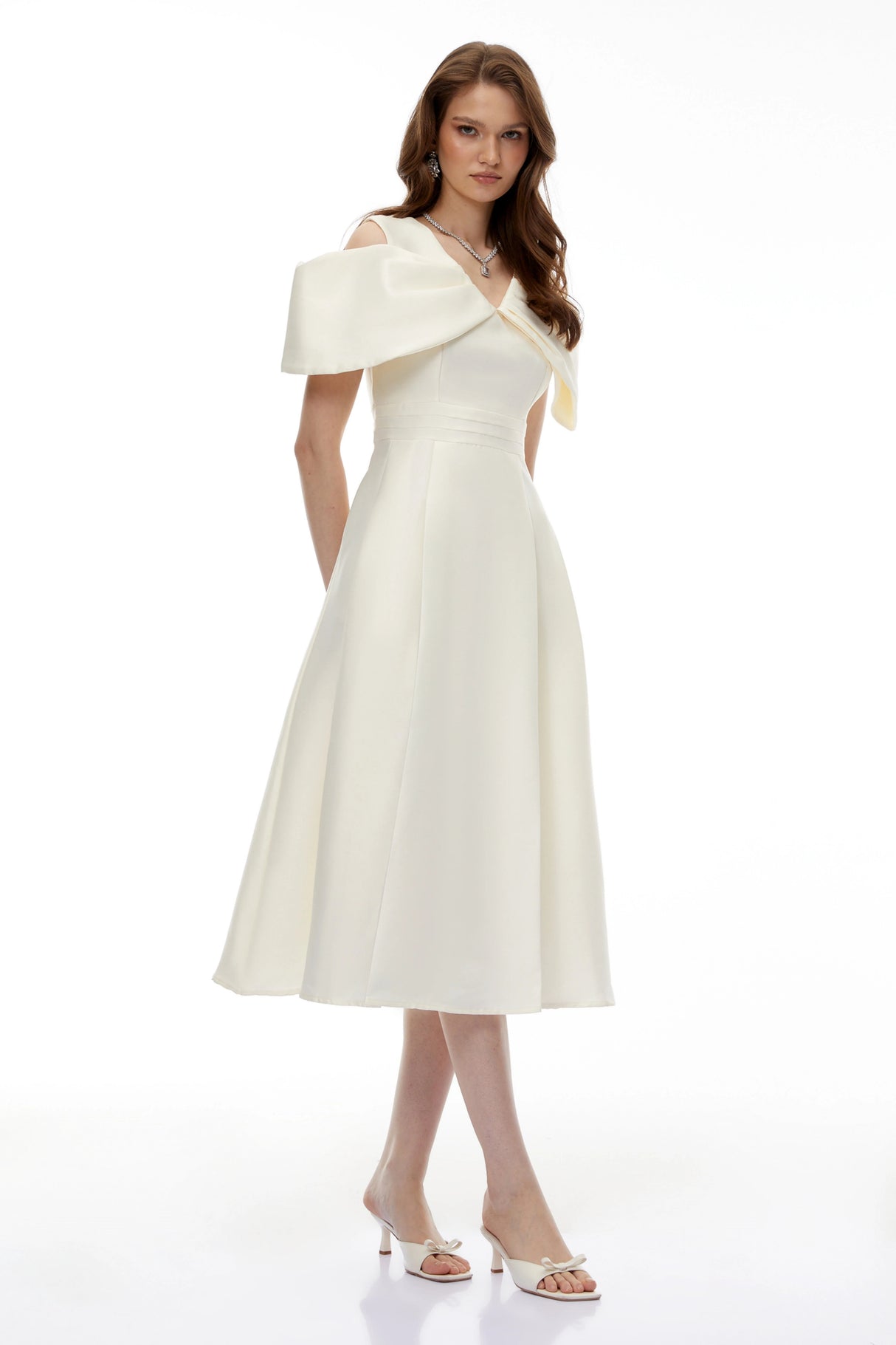 Juniper Champagne VNeck Satin Midi Dress with Bow Detail