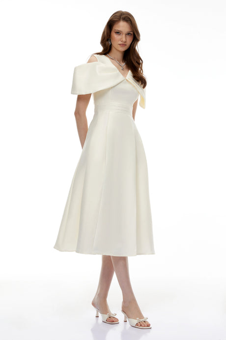Juniper Champagne VNeck Satin Midi Dress with Bow Detail