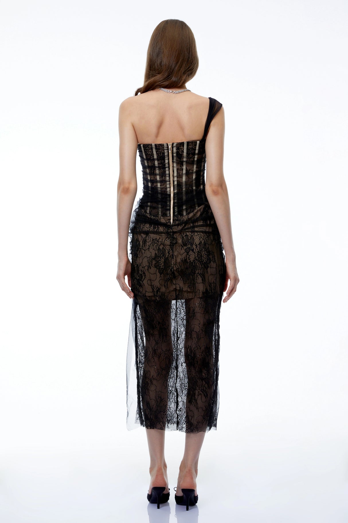 Juno Black Pleated Mesh Midi Dress