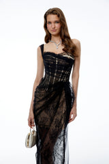 Juno Black Pleated Mesh Midi Dress