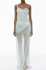 Juno Blue Pleated Mesh Midi Dress
