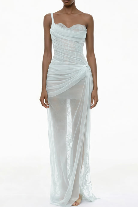 Juno Blue Pleated Mesh Midi Dress