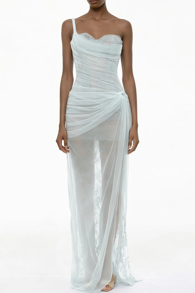 Juno Blue Pleated Mesh Midi Dress