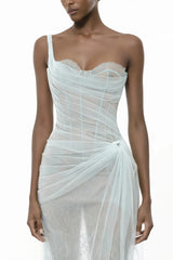 Juno Blue Pleated Mesh Midi Dress