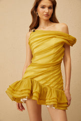 Justine Yellow One Shoulder Ruched Mini Dress