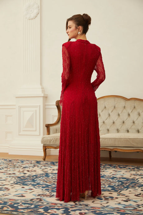 Justyna Red Rhinestone Guipure Lace Maxi Dress