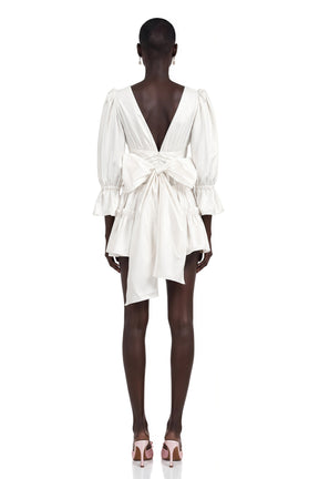 Jutta White Bowknot Shirred Mini Dress