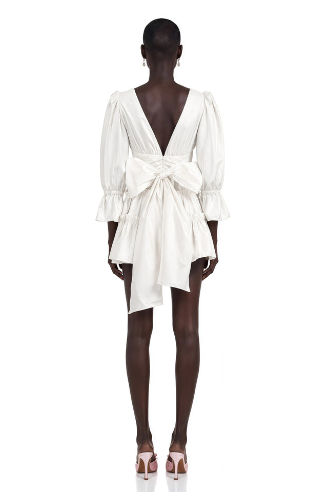 Jutta White Bowknot Shirred Mini Dress