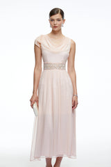 Kaelin Pink Draped Cowl Neck Midi Dress with Bow