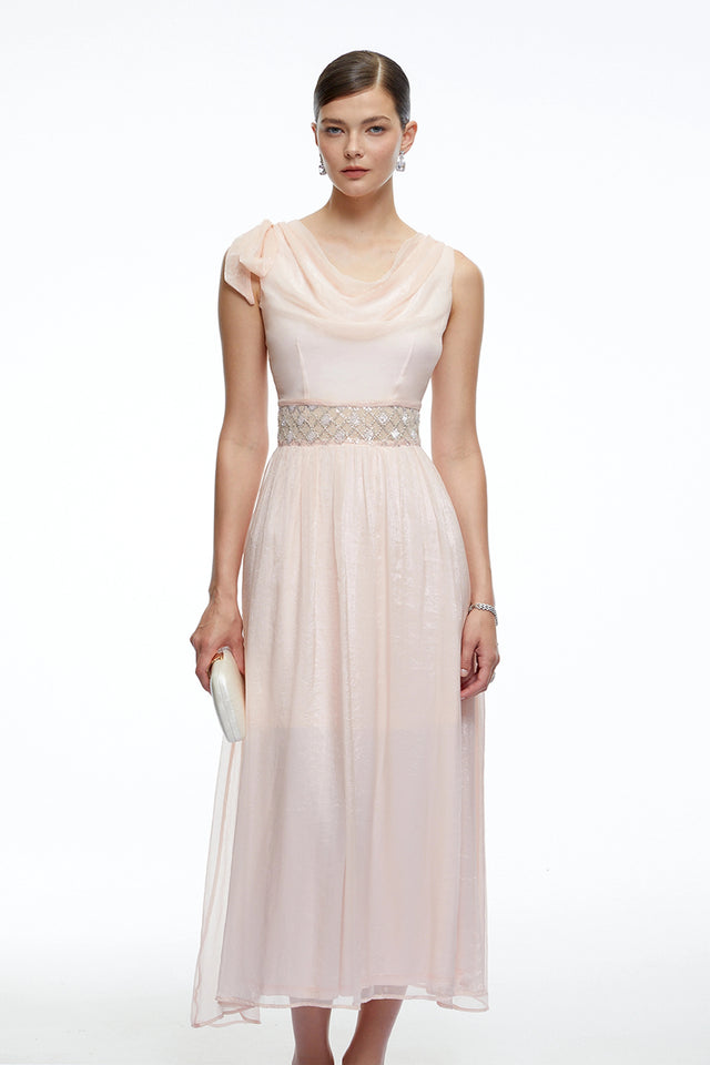 Kaelin Pink Draped Cowl Neck Midi Dress with Bow