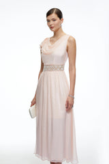 Kaelin Pink Draped Cowl Neck Midi Dress with Bow