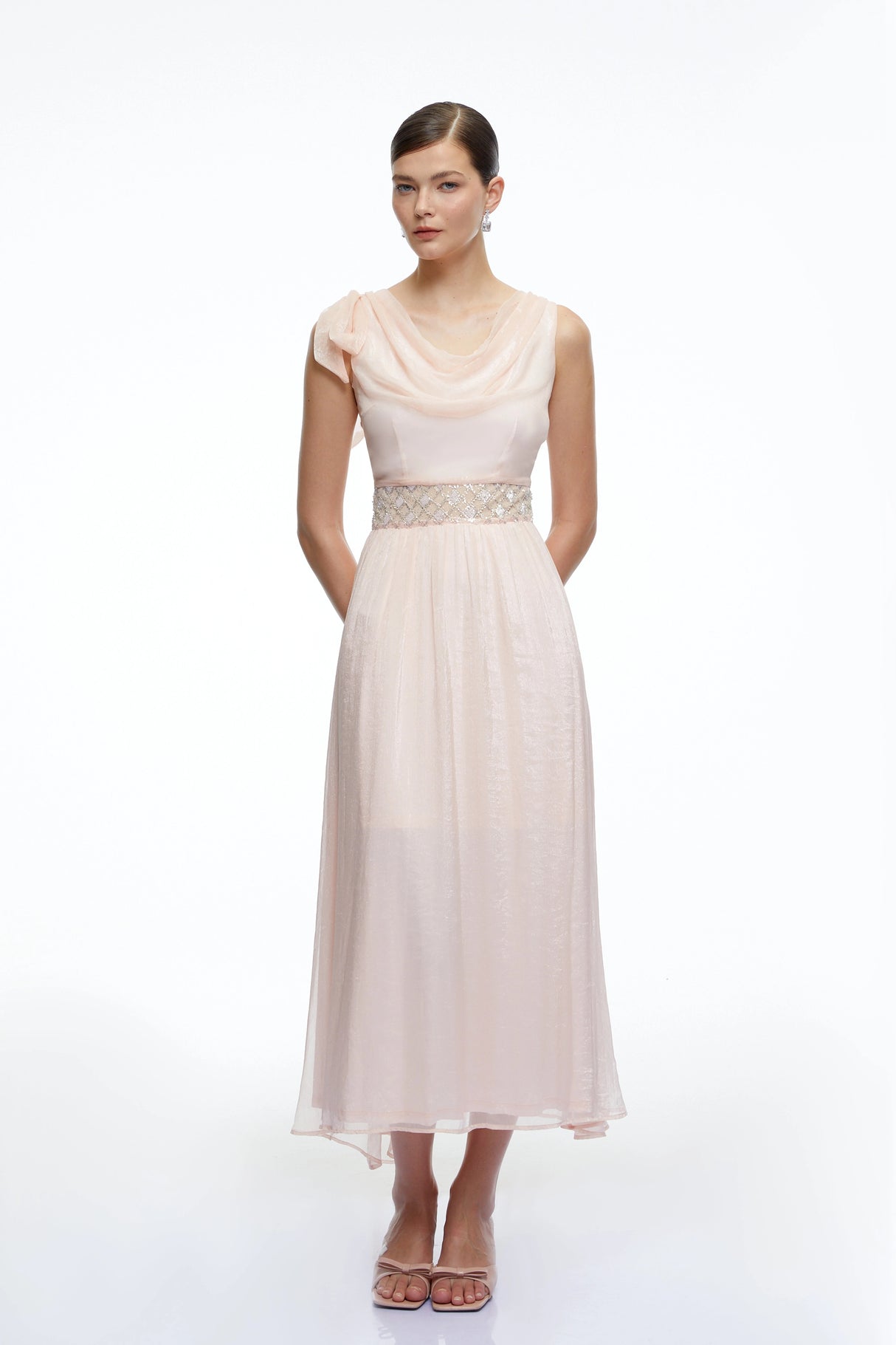 Kaelin Pink Draped Cowl Neck Midi Dress with Bow