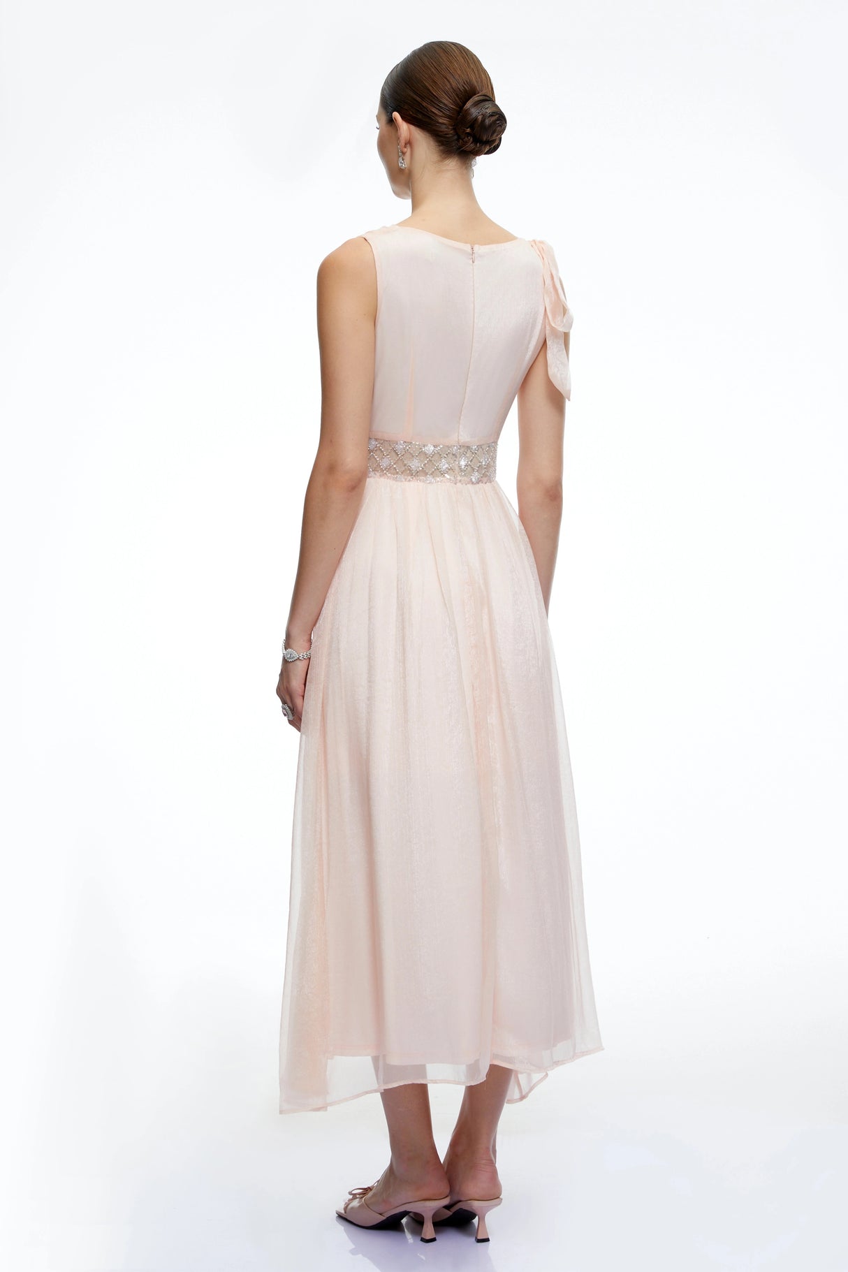 Kaelin Pink Draped Cowl Neck Midi Dress with Bow