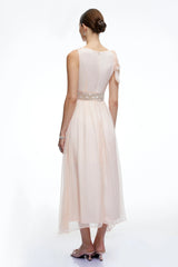 Kaelin Pink Draped Cowl Neck Midi Dress with Bow