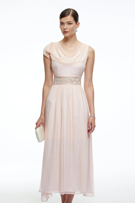 Kaelin Pink Draped Cowl Neck Midi Dress with Bow