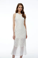 Kali White Scalloped Lace Midi Dress