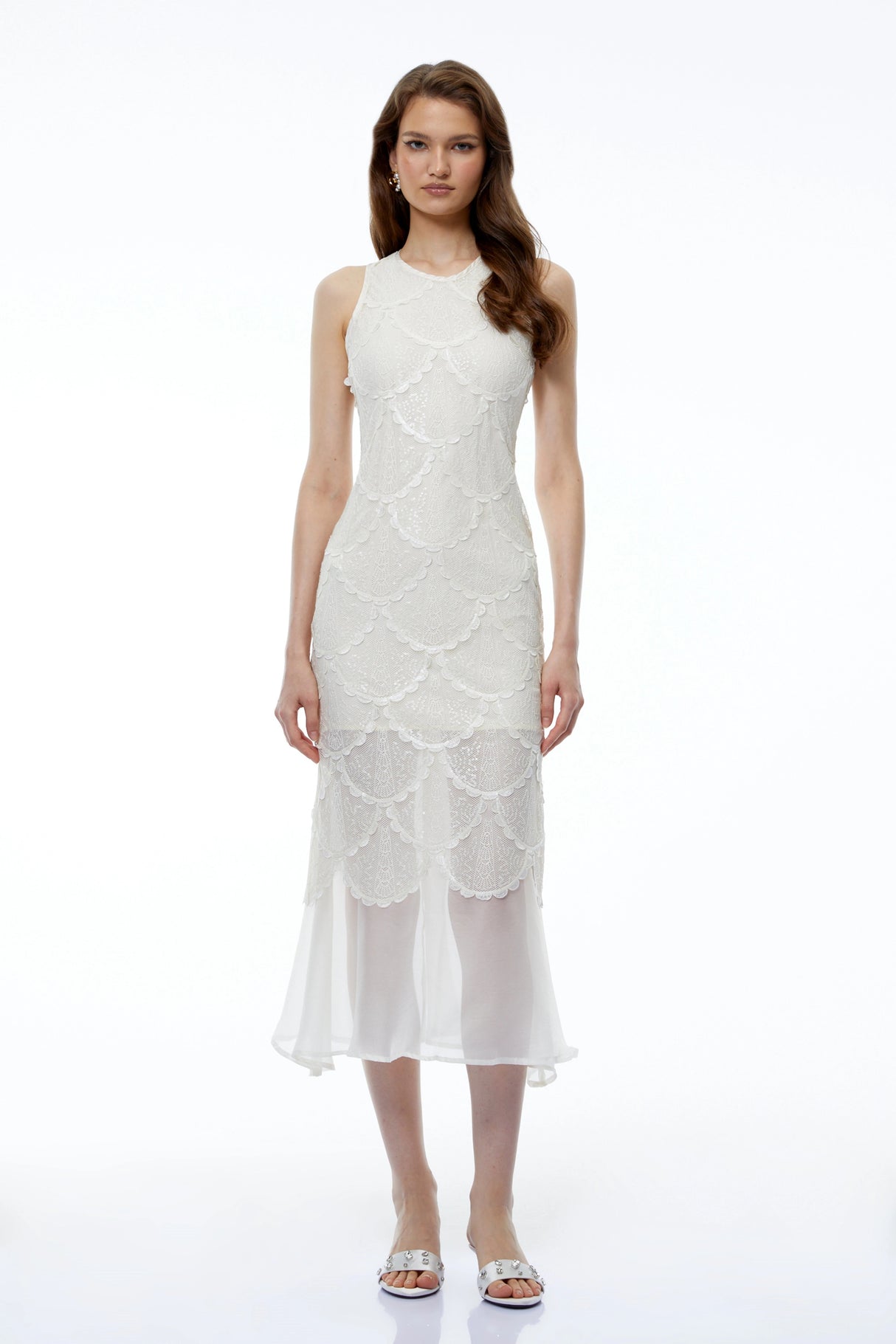 Kali White Scalloped Lace Midi Dress