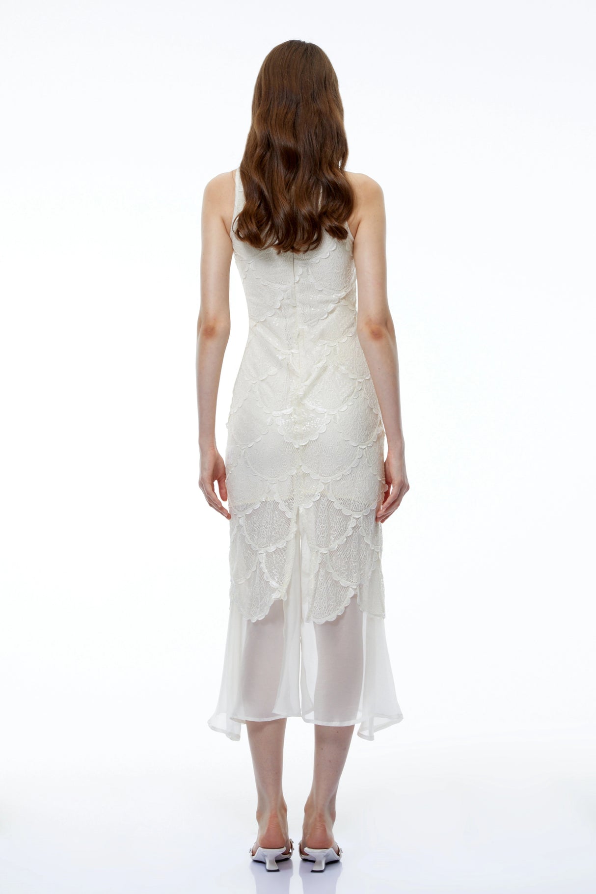 Kali White Scalloped Lace Midi Dress