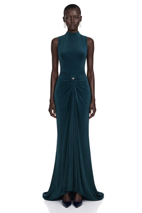 Kamila Dark Green Asymmetrical Ruched Maxi Dress