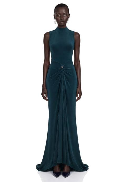 Tullia Maxi Dress Dark Green Asymmetrical Ruched