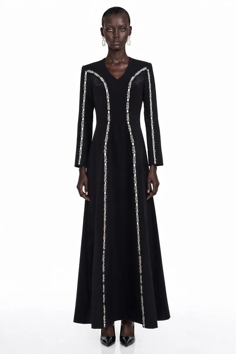 Ginevra Maxi Dress Black Rhinestone V-Neck