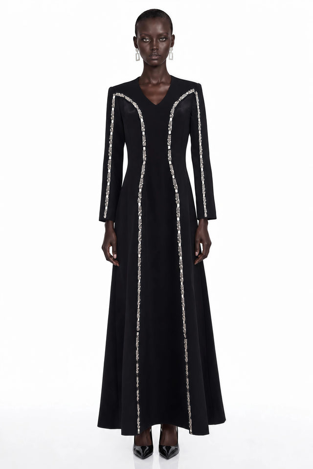 Karamea Black Rhinestone VNeck Maxi Dress